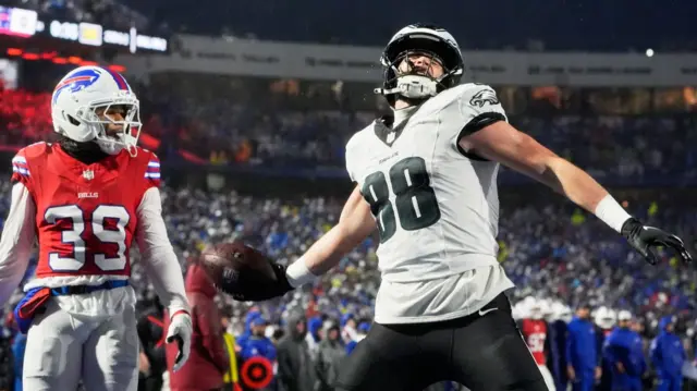 Philadelphia Eagles tight end Dallas Goedert celebrates after scoring a touchdown against the Buffalo Bills