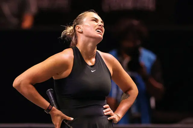 Belarus' Aryna Sabalenka reacts