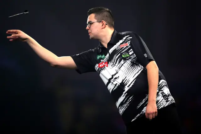 Netherlands' Gian van Veen during his match against Latvia's Madars Razma on day fifteen of the Paddy Power World Darts Championship at the Alexandra Palace, London