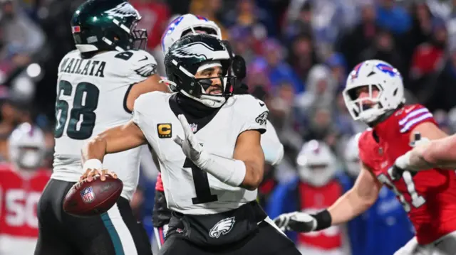 Philadelphia Eagles quarterback Jalen Hurts throws a pass against the Buffalo Bills