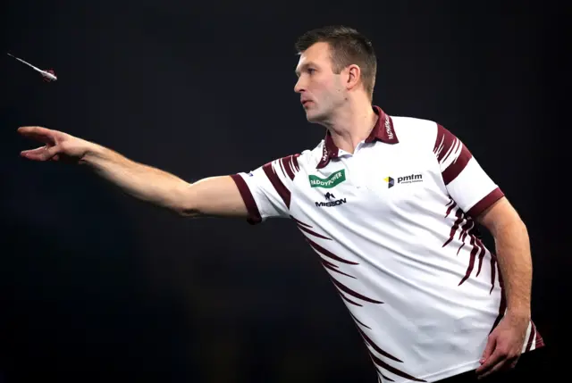 Latvia's Madars Razma during his match against Netherland's Gian van Veen on day fifteen of the Paddy Power World Darts Championship at the Alexandra Palace, London