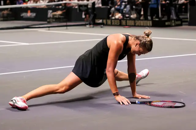 Belarus' Aryna Sabalenka reacts
