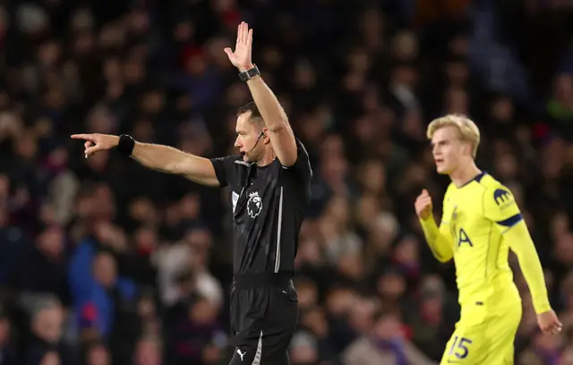 Referee Jarred Gillett disallows a goal scored by Richarlison
