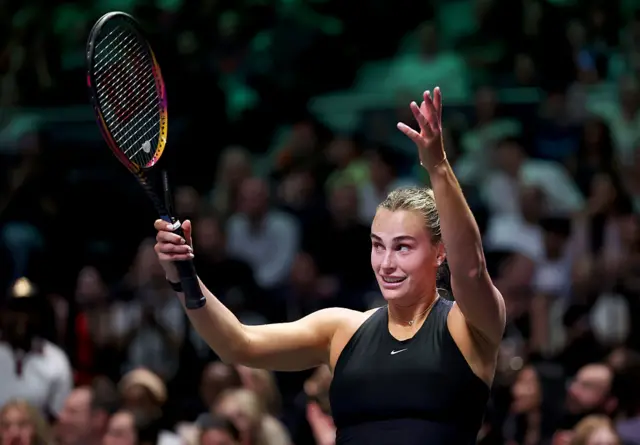 Belarus' Aryna Sabalenka reacts