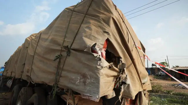 Image showing the damage to a lorry after it was hit in a fatal crash with an SUV carrying Anthony Joshua