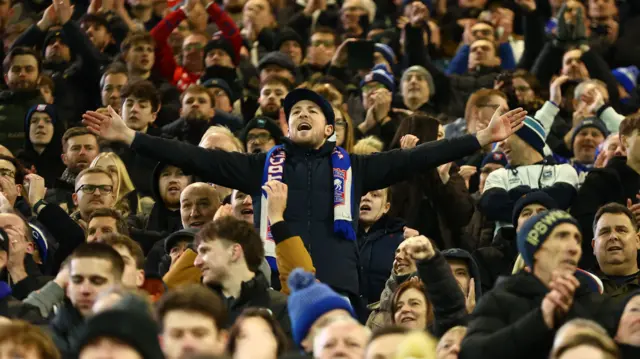 Ipswich fans celebrate at Coventry's CBS Arena