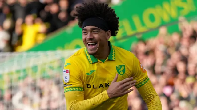 Norwich's Jovon Makama celebrating scoring a goal