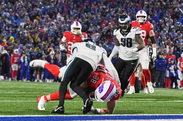 Buffalo Bills tight end Dawson Knox is tackled short of the goal-line by Philadelphia Eagles cornerback Adoree' Jackson
