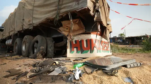 Image showing the damage to a lorry after it was hit in a fatal crash with an SUV carrying Anthony Joshua