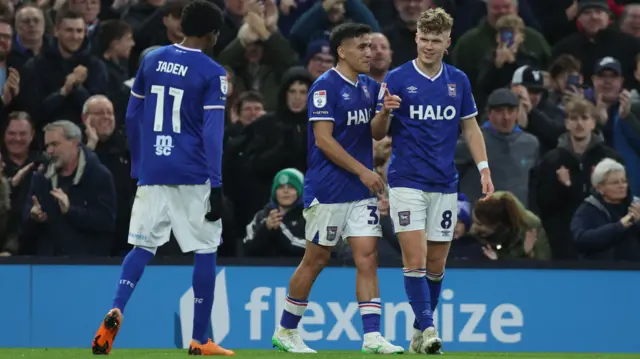 Ipswich players celebrate a goal in the 3-0 win over Coventry on 6 December