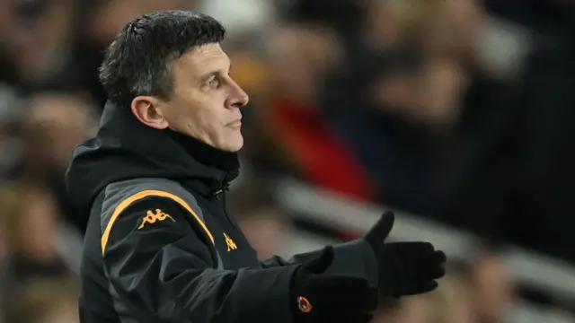 Hull head coach Sergej Jakirovic with his arms wide out and shoulder shrugged during their win at Middlesbrough