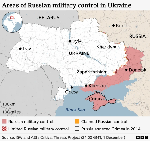 Map showing which areas of Ukraine are under Russian military control or limited Russian control.