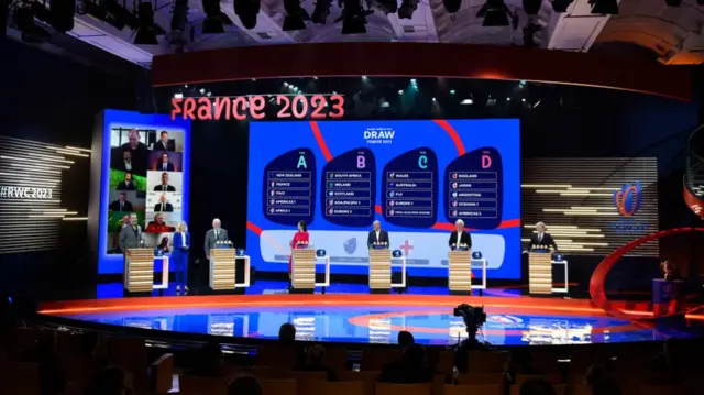 A general view of the 2023 Rugby World Cup draw taking place in December 2020.