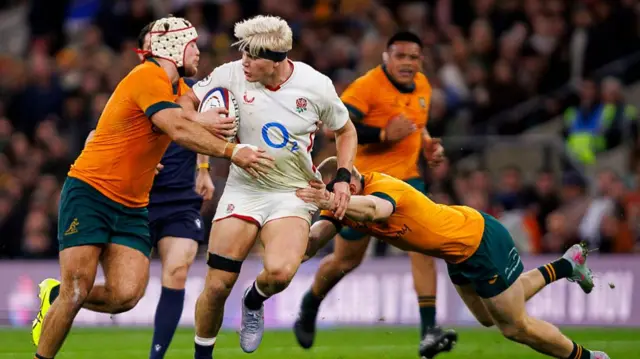 England's Henry Pollock in action during the Quilter Nations Series 2025 rugby international match between England and Australia at Allianz Stadium