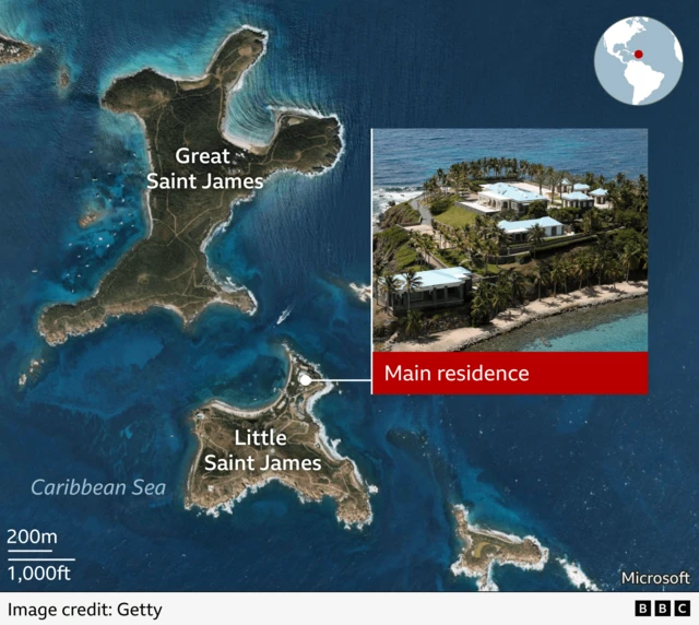 Map showing two islands in the Caribbean Sea labeled Great Saint James and Little Saint James. An inset photo highlights the ‘main residence’ on Little Saint James, showing several light-roofed buildings surrounded by palm trees along the shoreline. A small globe in the top right corner marks the location in the Caribbean