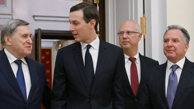 Yuri Ushakov (L) at the talks on Tuesday with Steve Witkoff and Jared Kushner