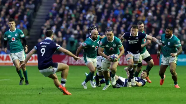 James Lowe of Ireland breaks with the ball during the Guinness Six Nations 2025 match between Scotland and Ireland