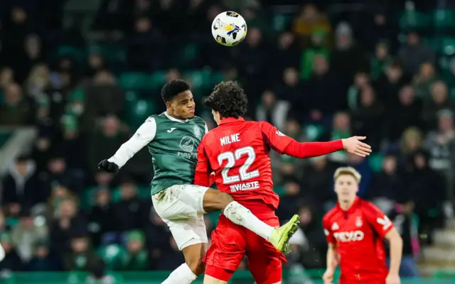 Hibernian's Thibault Klidje (L) and Aberdeen's Jack Milne in action during a William Hill Premiership match between Hibernian and Aberdeen at Easter Road