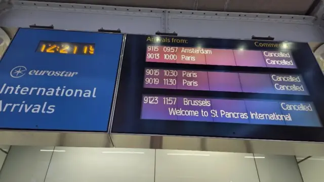 The Eurostar departures board showing five cancelled trains between Amsterdam, Paris and Brussels