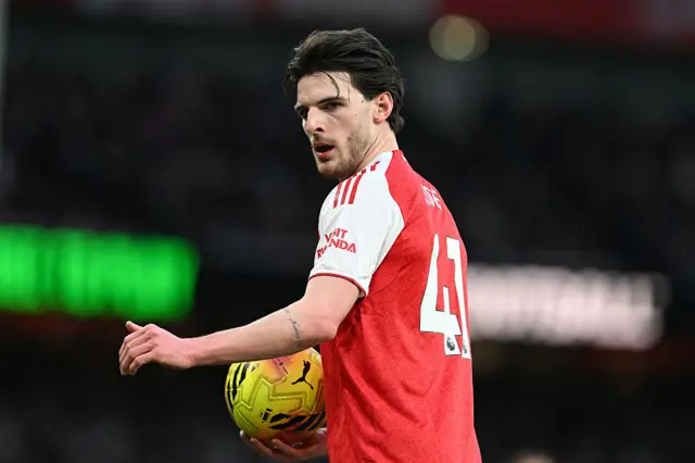 Declan Rice of Arsenal looks on during the Premier League match between Arsenal and Brighton & Hove Albion at the Emirates Stadium on December 27, 2025 in London, England.