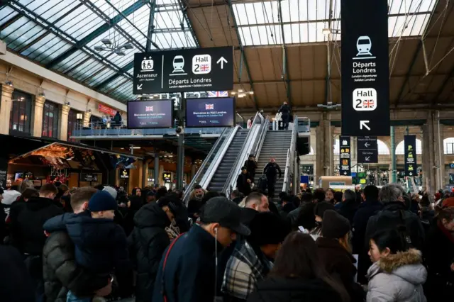 Large crowds stand around inside a train station