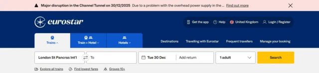 Screenshot of disruption banner on Eurostar website