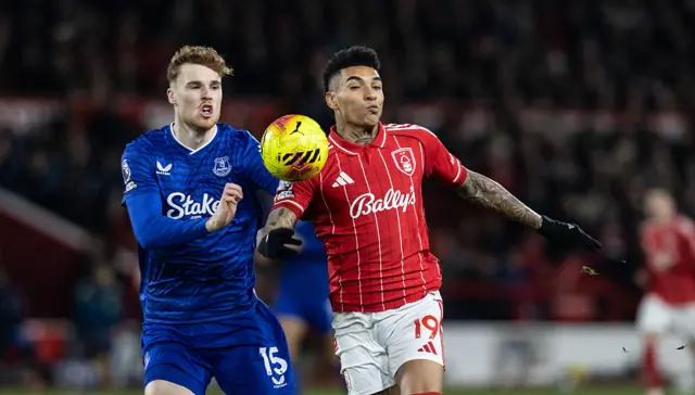 Nottingham Forest's Igor Jesus competing with Everton's Jake O'Brien (left)