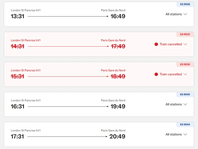 A list of train services with two marked as cancelled
