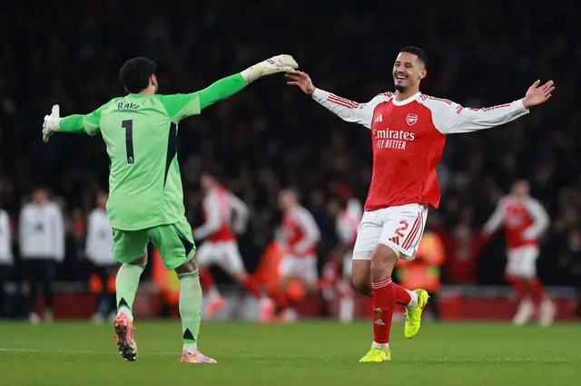 David Raya and William Saliba of Arsenal celebrate