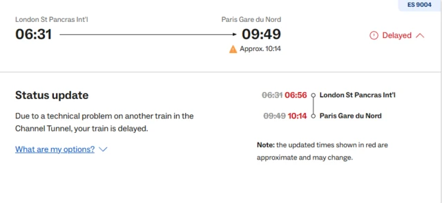 A picture showing the changed departure times for the Eurostar