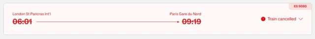 A screengrab of the live Eurostar depatures board, showing the cancelled 06:01 from St Pancras