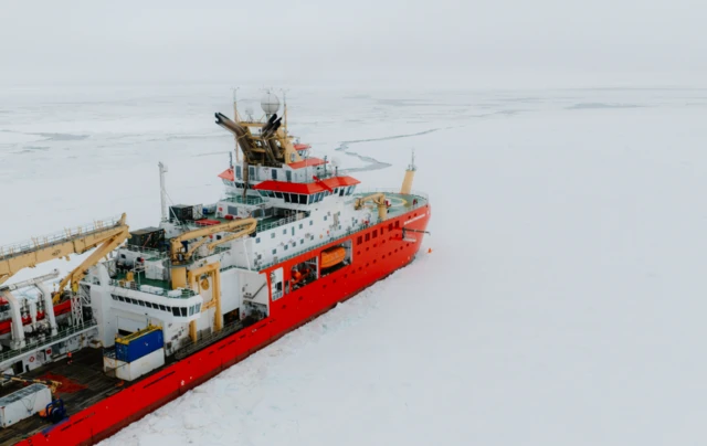 A picture of the RRS Sir David Attenborough in the Antarctic.