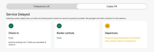 A screengrab of the LeShuttle wesbite. Its depatures section reads: Delay of approximately 6h to booked time, please check in as planned