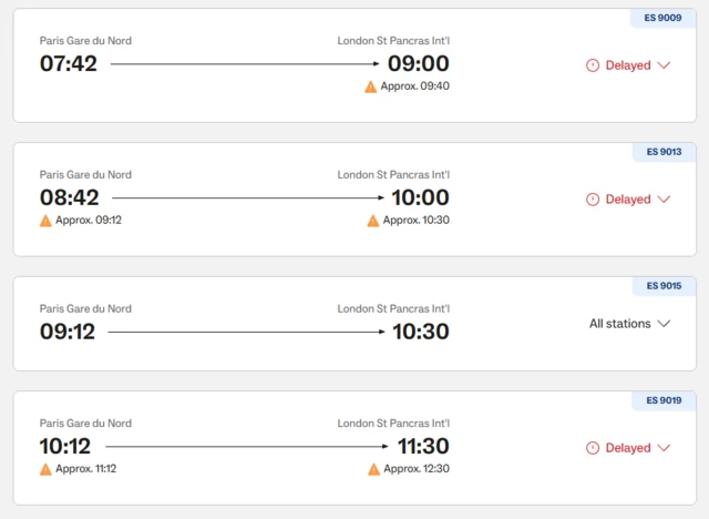 A screenshot of the Eurostar website showing delays to trains