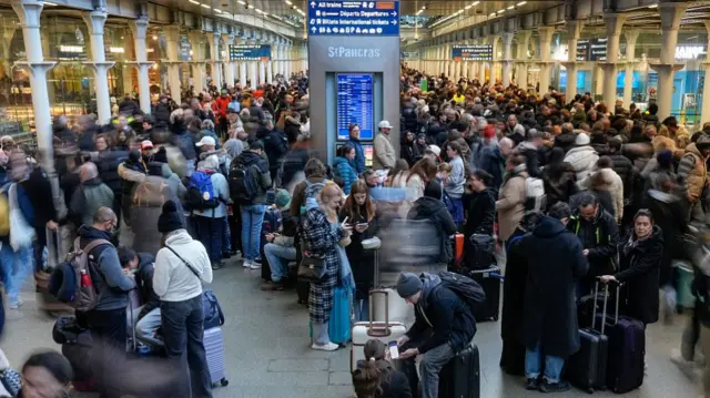 A busy crowd at St Pancras station wait for trains