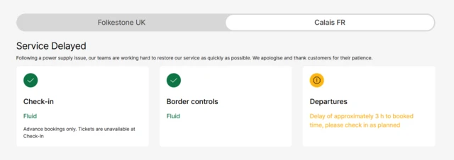 A screengrab of the LeShuttle live depatures