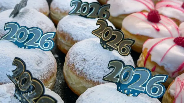 German jelly doughnuts called 'Berliner' with 2026 tags in a bakery in Berlin