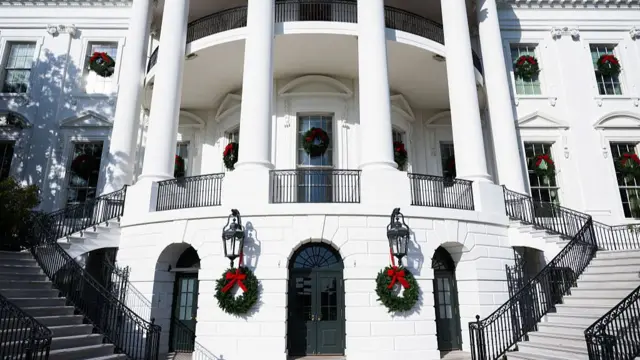 White House with wreaths hanging by the back entrance. Pic taken on 1 December