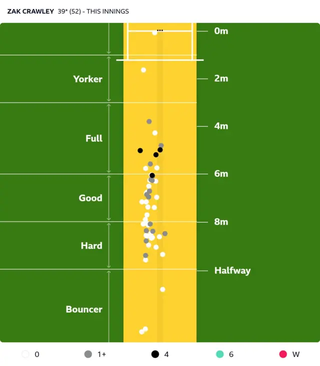 A pitchmap showing how Zak Crawley has played various deliveries
