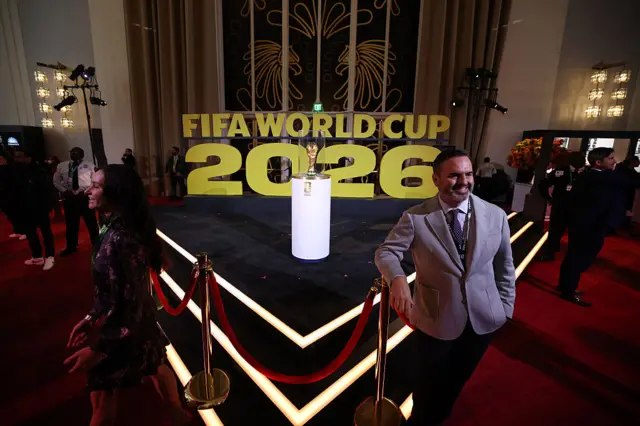 The FIFA World Cup Trophy is displayed prior to the FIFA World Cup 2026 Official Draw at John F. Kennedy Center for the Performing Arts on December 05, 2025 in Washington, DC.