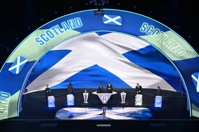 Scotland's flag is displayed on a screen during the draw for the 2026 FIFA Football World Cup taking place in the US, Canada and Mexico, at the Kennedy Center, in Washington, DC, on December 5, 2025.