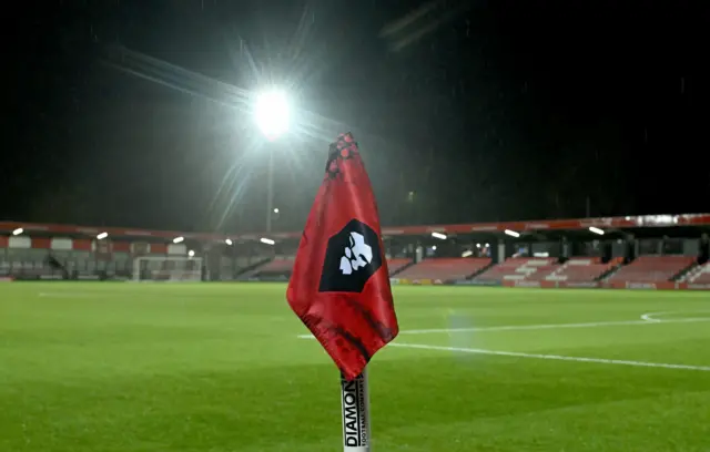 A corner flag with Salford City's club badge on at Peninsula Stadium before kick-off against Leyton Orient