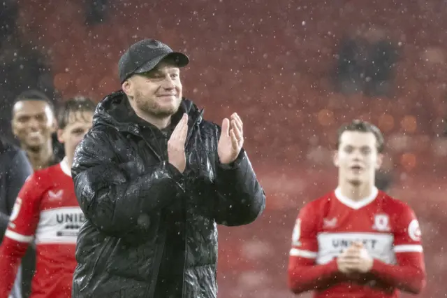 Kim Hellberg, the Middlesbrough manager, celebrates the win at the final whistle