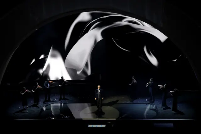 Andrea Bocelli performs during the 2026 FIFA World Cup draw at the John F. Kennedy Center for the Performing Arts, Washington, United States.