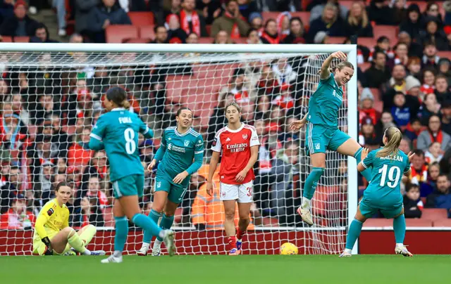 Beata Olsson of Liverpool celebrates scoring her team's first goal with during the Barclays Women's Super League match between Arsenal and Liverpool at Emirates Stadium on December 06, 2025 in London, England.