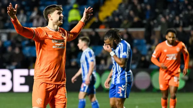 Mikey Moore celebrates after scoring for Rangers against Kilmarnock
