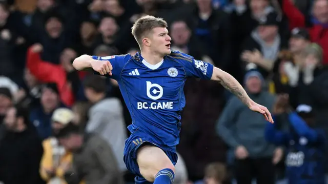 Jordan James celebrates a goal for Leicester