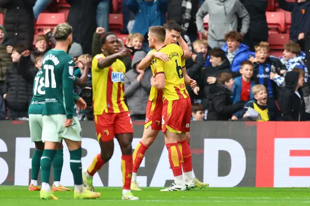 Luca Kjerrumgaard of Watford celebrates scoring