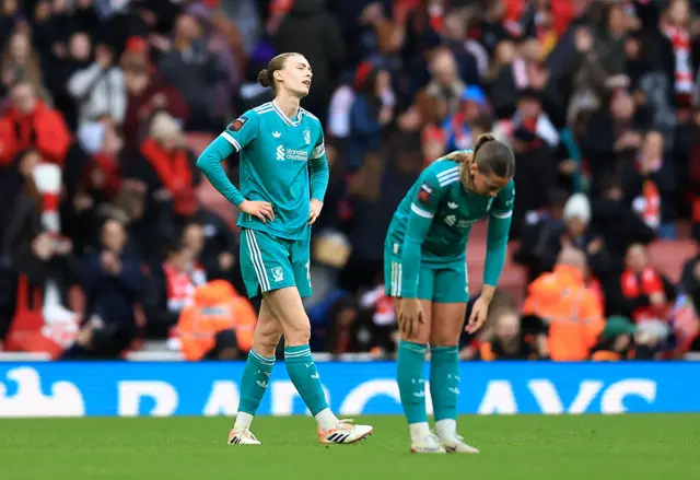 Jenna Clark of Liverpool reacts after losing in the Barclays Women's Super League match between Arsenal and Liverpool at Emirates Stadium on December 06, 2025 in London, England.