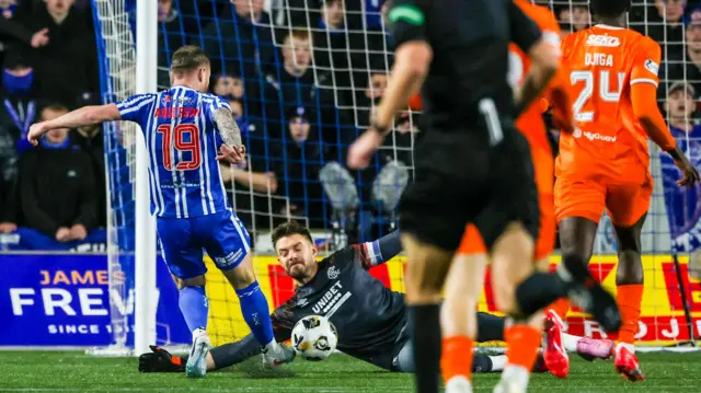 Bruce Anderson shoots for Kilmarnock against Rangers